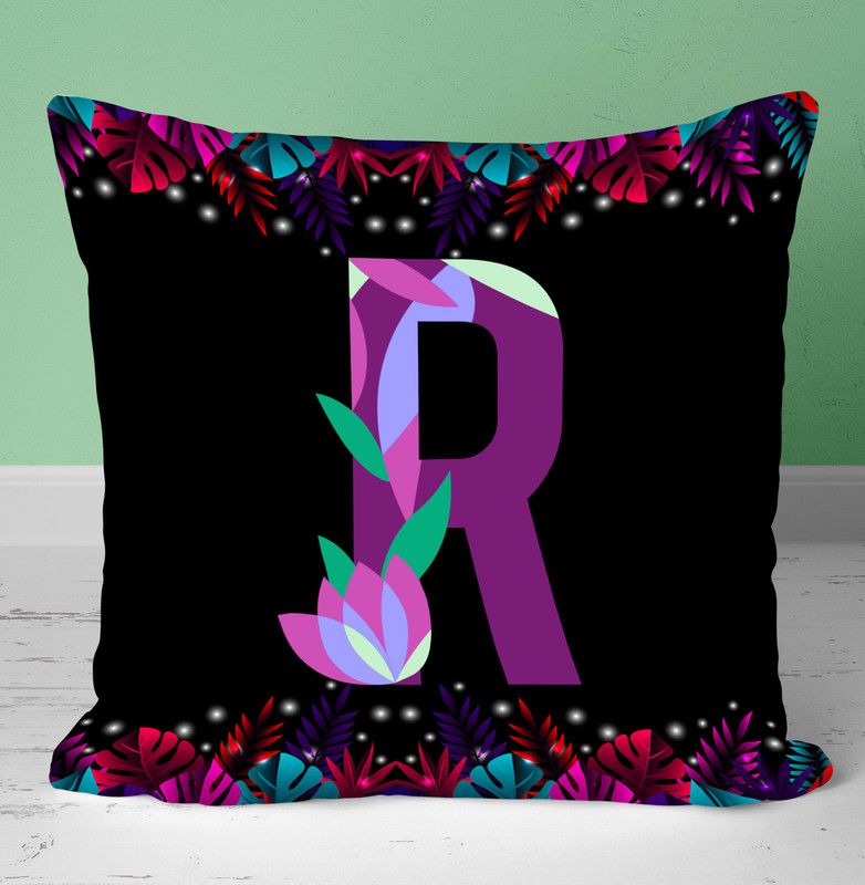 NH10 DESIGNS Colorful Alphabet R Printed Cushion Cover With Filler 12x12 Inch - ABWTCU 48 Microfibre Floral Cushion Pack of 1  (White)