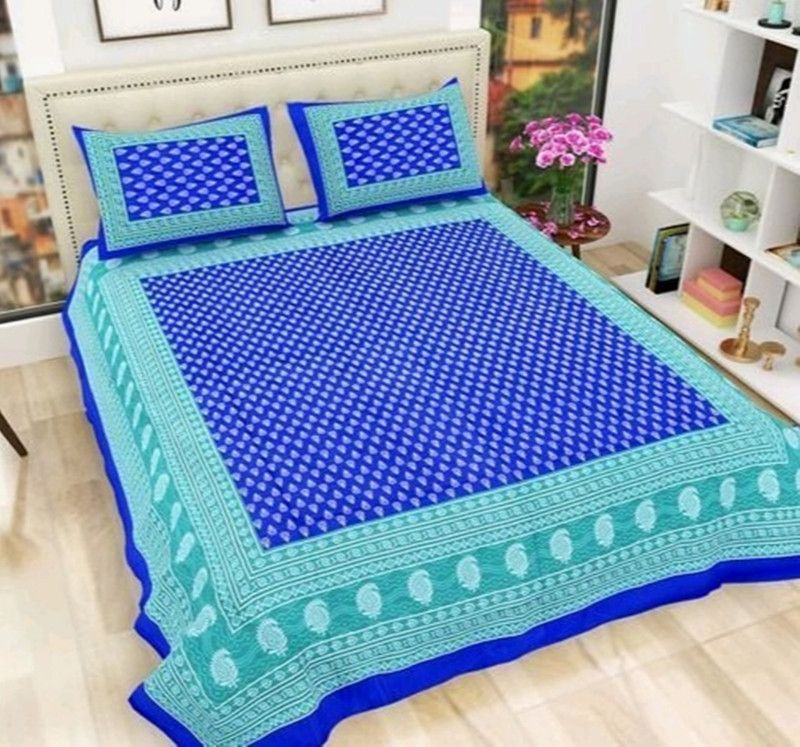 Sakshi Enterprises 151 TC Cotton Double Jaipuri Prints Flat Bedsheet  (Pack of 1, Blue)