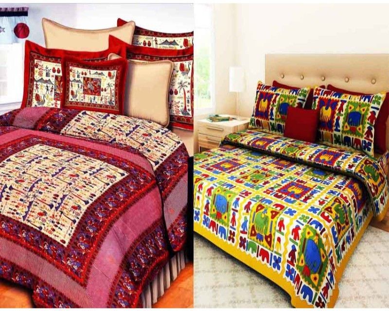 KRISMARTELITE 140 TC Cotton Double Printed Flat Bedsheet  (Pack of 2, Red, Yellow)