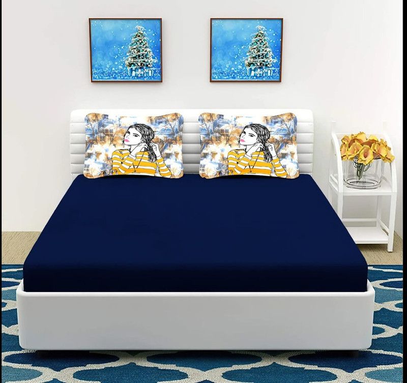 FLOURISHING HOMES 300 TC Cotton Double Solid Flat Bedsheet  (Pack of 1, Blue)