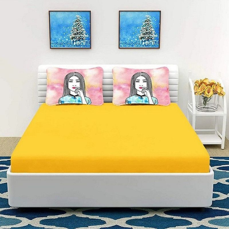 BHARAT TEX 250 TC Cotton Double Solid Fitted (Elastic) Bedsheet  (Pack of 1, Yellow)