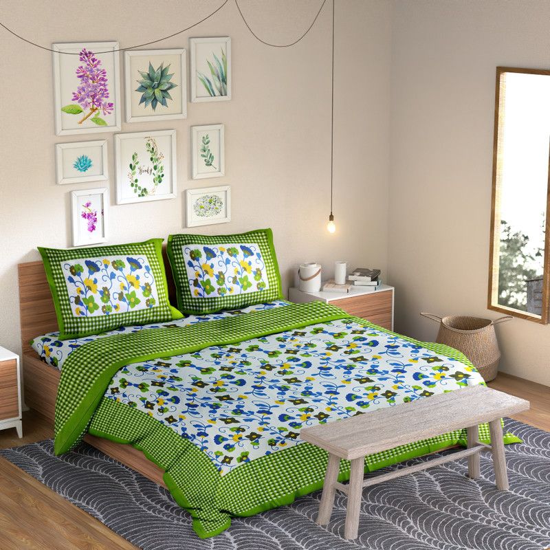 Aisna 140 TC Cotton Double Printed Flat Bedsheet  (Pack of 1, Green, White)