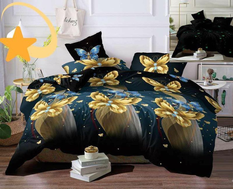 kavya ent 200 TC Cotton Double Printed Fitted (Elastic) Bedsheet  (Pack of 1, Blue)
