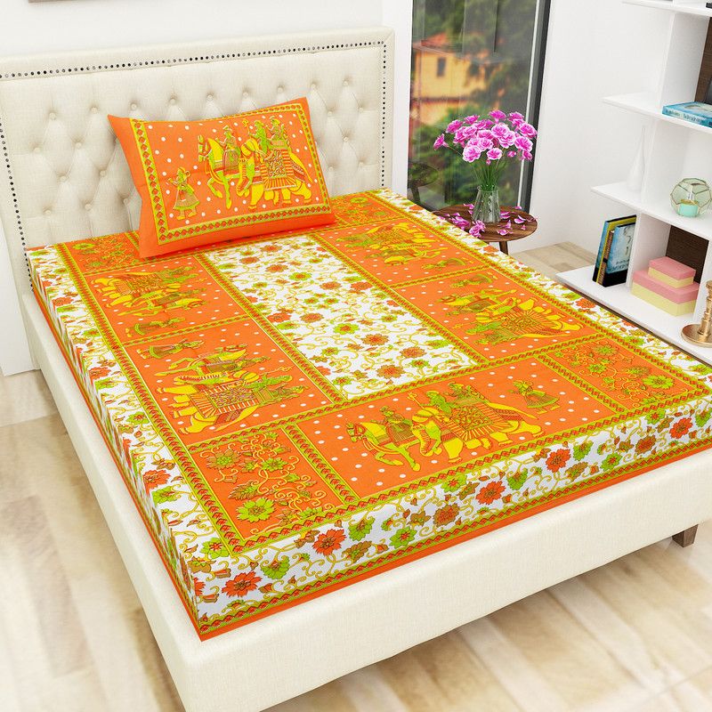 Papa ki Dukaan 104 TC Cotton Single Jaipuri Prints Flat Bedsheet  (Pack of 1, Orange)