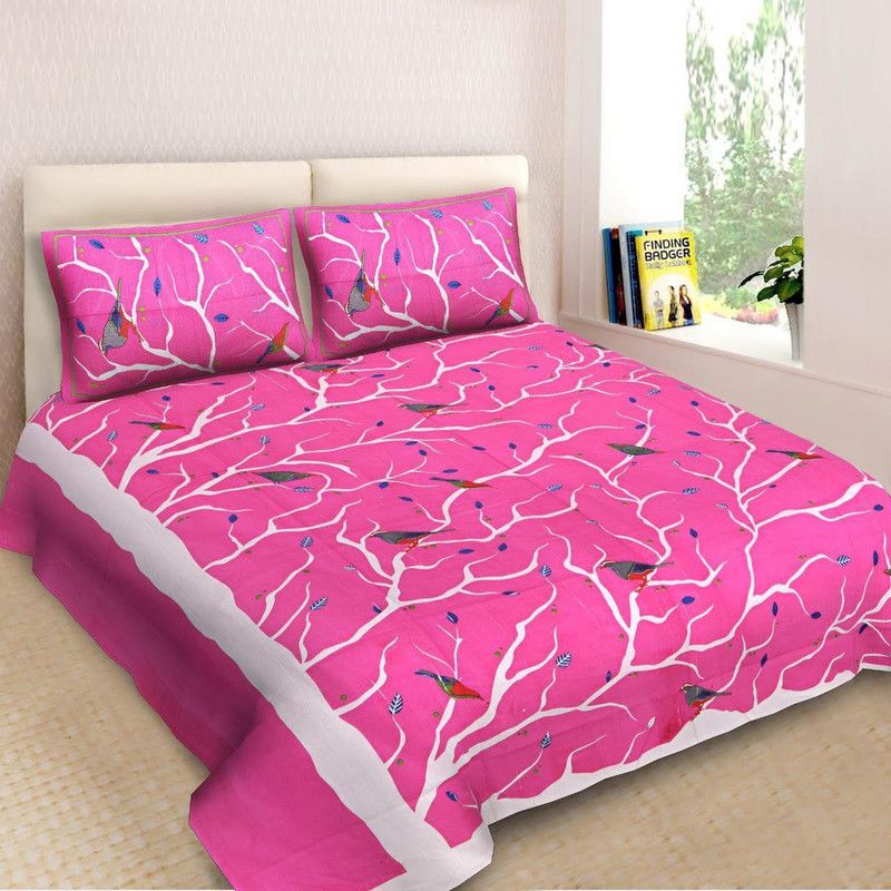 MIVAAN CREATION 200 TC Cotton Double Printed Flat Bedsheet  (Pack of 1, Pink)