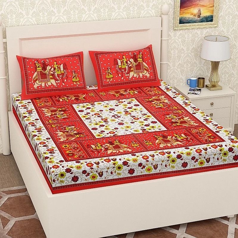 A G Enterprise 200 TC Cotton Double Floral Flat Bedsheet  (Pack of 1, Red)