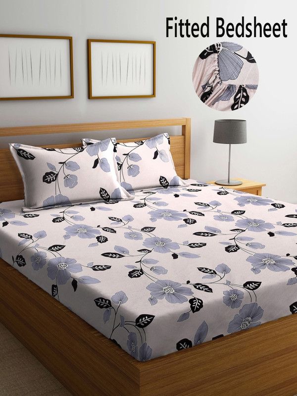 Fabinaliv 210 TC Polycotton King Floral Fitted (Elastic) Bedsheet  (Pack of 1, White)