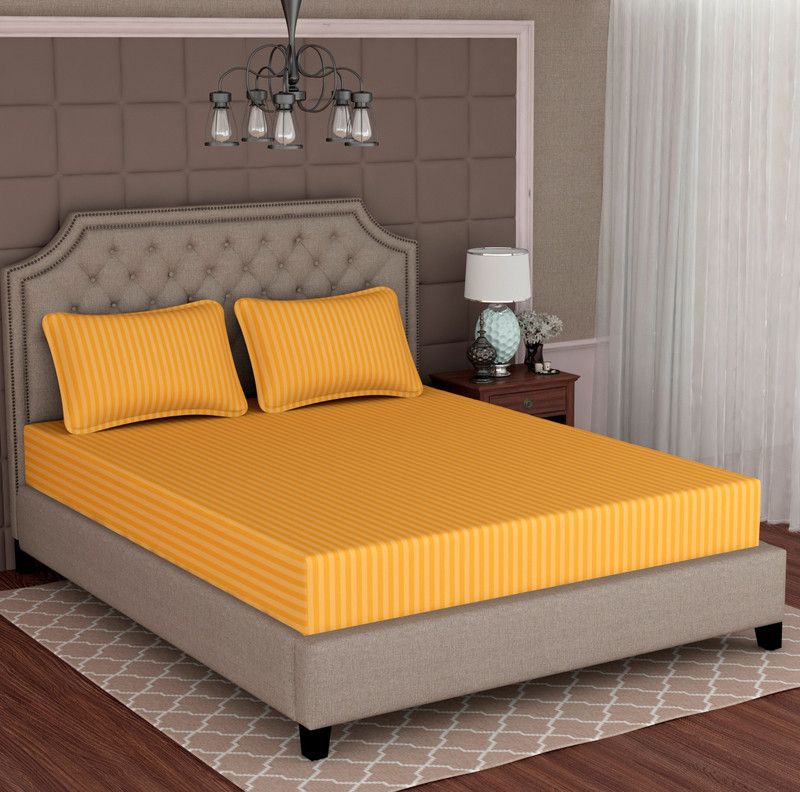 Swizier 350 TC Cotton Double Striped Flat Bedsheet  (Pack of 1, Yellow)