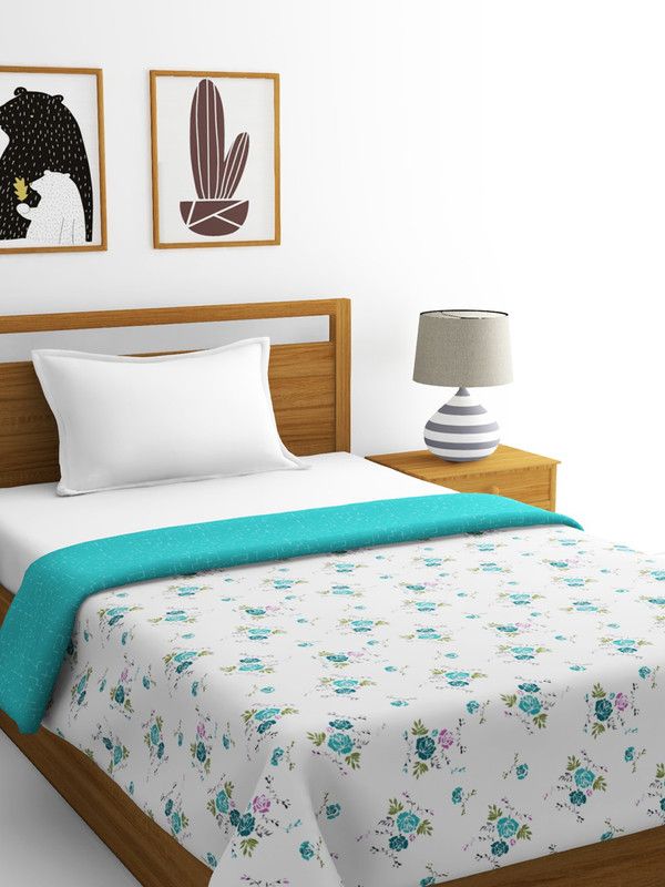 Bianca Floral Single Dohar for AC Room  (Cotton, WHITE/AQUA)