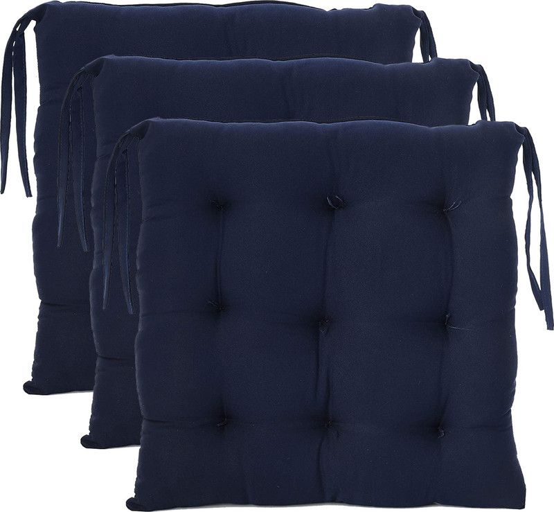 Cotton Solid Chair Pad Pack of 3  (Blue)