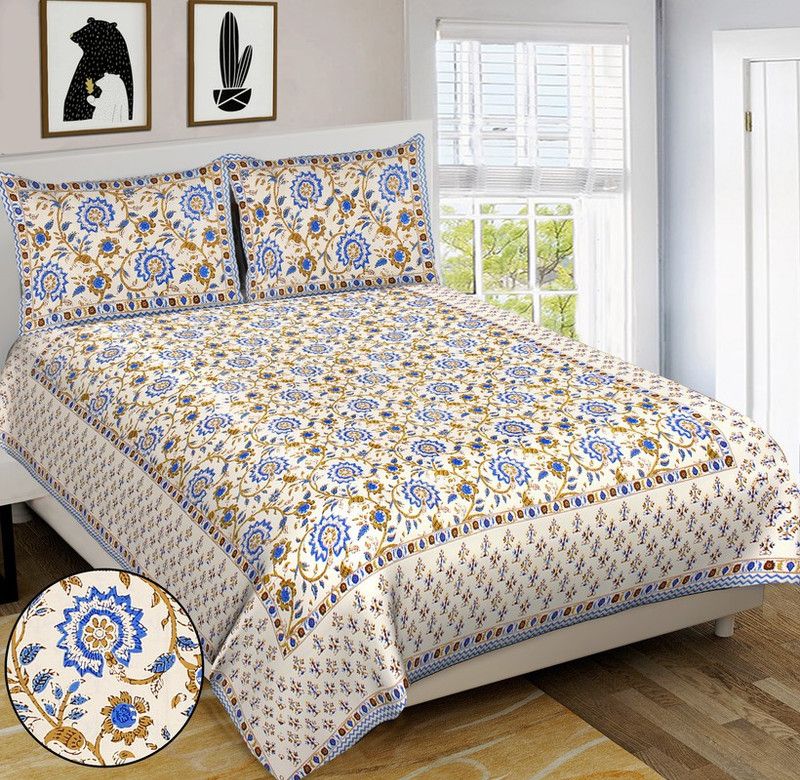 AWANAS 120 TC Cotton Double Printed Flat Bedsheet  (Pack of 1, Blue)