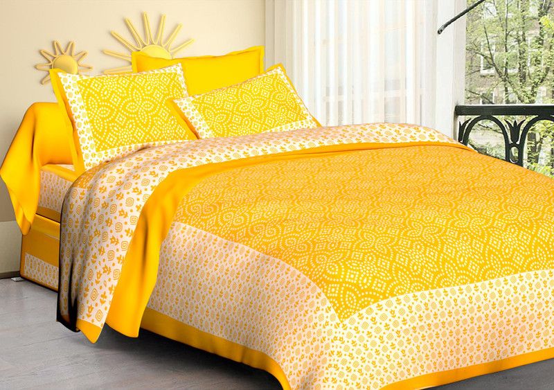 VIHANA LIFESTYL 144 TC Cotton Queen Jaipuri Prints Flat Bedsheet  (Pack of 1, Yellow)