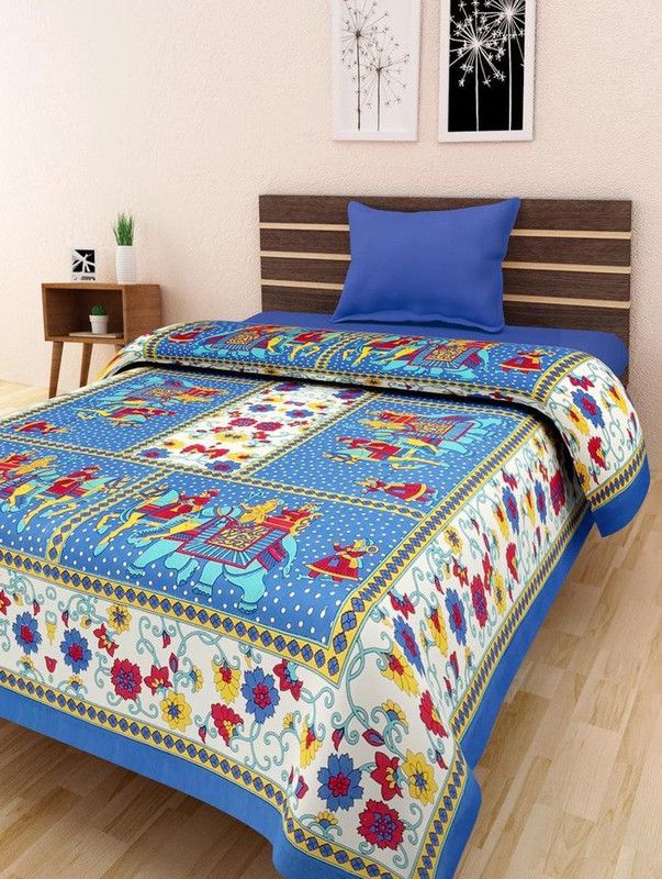 Fashion Dziner 210 TC Cotton Single Printed Flat Bedsheet  (Pack of 1, Blue)