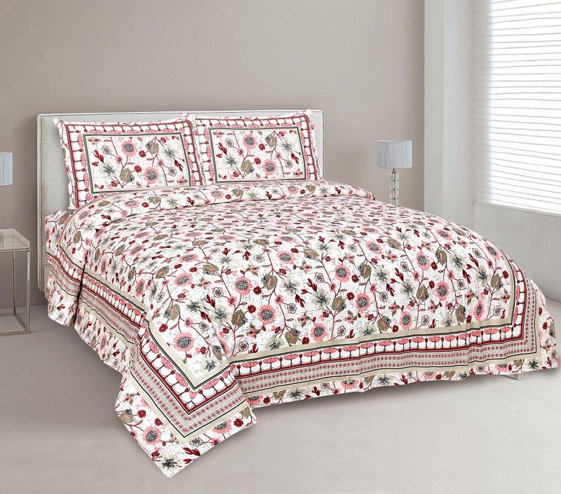 TanviFabrics 210 TC Cotton Double Floral Flat Bedsheet  (Pack of 1, Green, Pink)