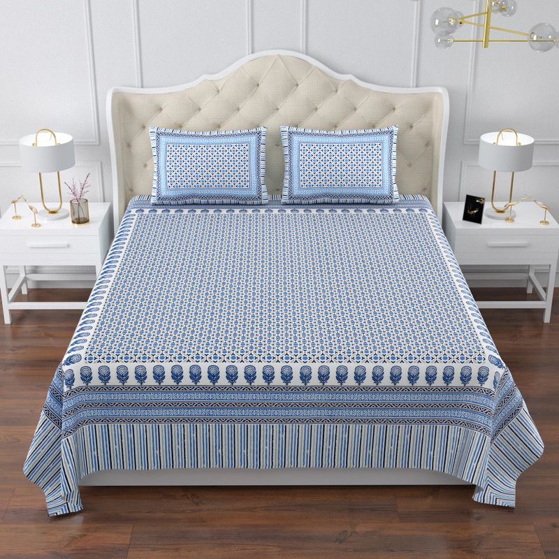 FloraCollection 180 TC Cotton King Jaipuri Prints Flat Bedsheet  (Pack of 1, Blue)