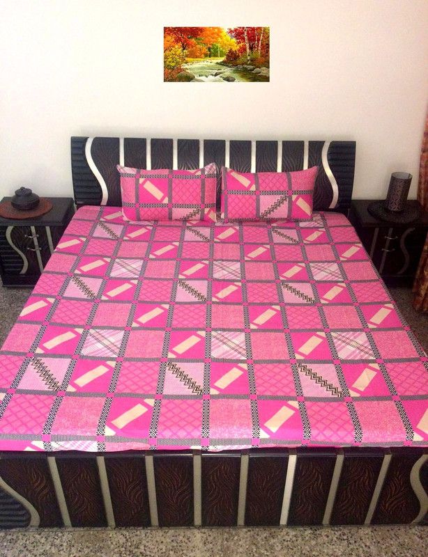 A&H 300 TC Cotton Double Printed Fitted (Elastic) Bedsheet  (Pack of 1, Pink)