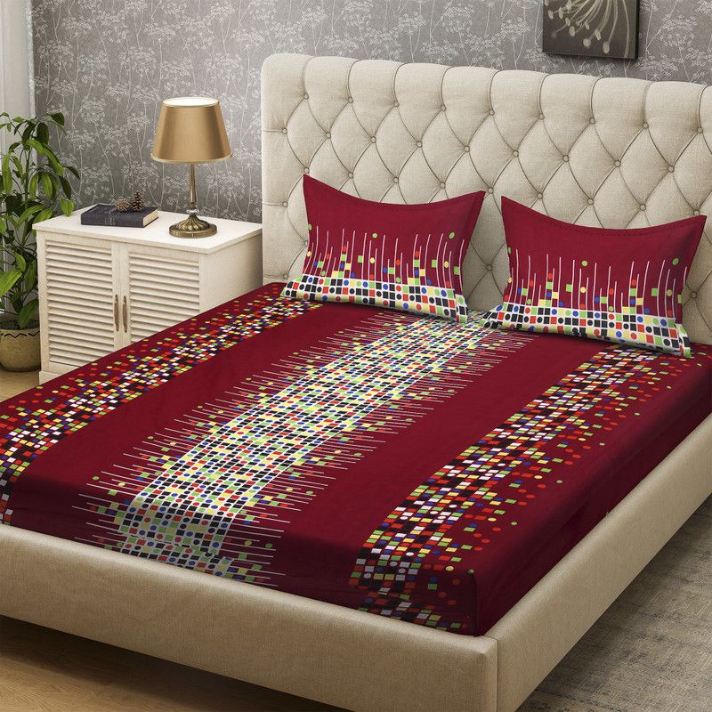 Bombay Dyeing 136 TC Polyester Double Geometric Flat Bedsheet  (Pack of 1, Maroon)