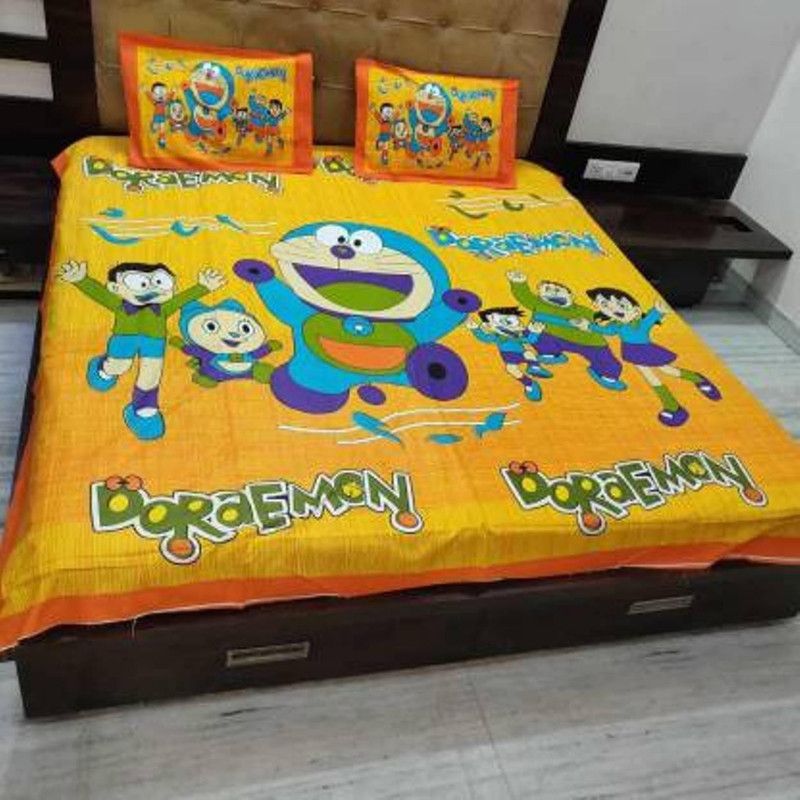 TYLORSTYLE 180 TC Cotton Double Cartoon Flat Bedsheet  (Pack of 1, Yellow, Aqua)
