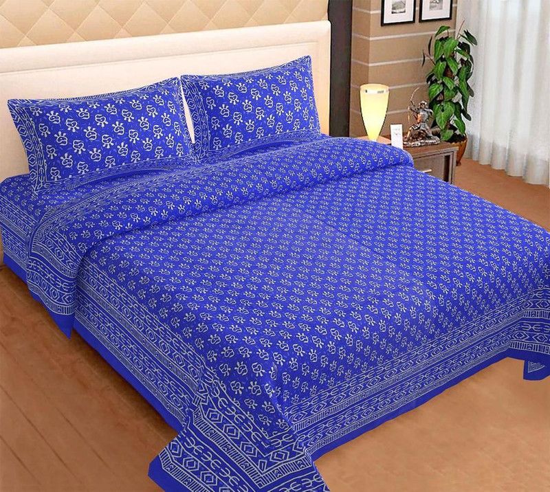 TANIDECOR STORE 142 TC Cotton Double Jaipuri Prints Flat Bedsheet  (Pack of 1, Blue)
