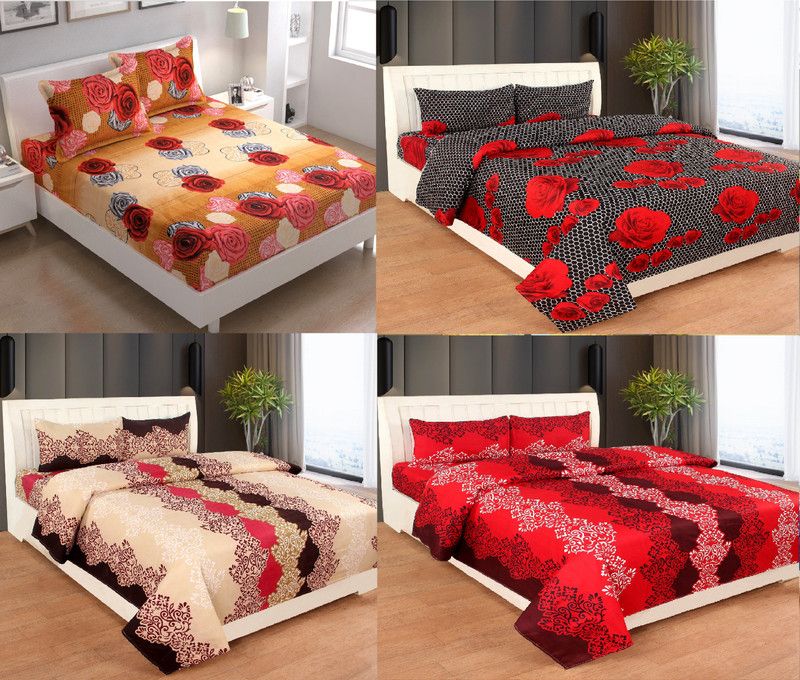 Homestar 144 TC Microfiber Double 3D Printed Flat Bedsheet  (Pack of 4, Brown, Black, Beige, Red)
