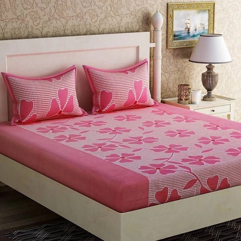 H18 SHEET 160 TC Microfiber Double Floral Flat Bedsheet  (Pack of 1, Pink)