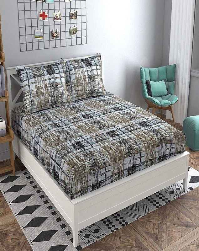 BHARAT TEX 155 TC Cotton Double Striped Fitted (Elastic) Bedsheet  (Pack of 1, Multicolor)