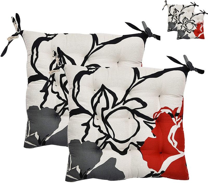 Rajmeen Microfibre Solid Chair Pad Pack of 4  (Black Flower)