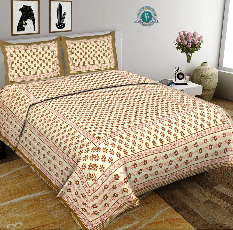 Fabricart 144 TC Cotton King Jaipuri Prints Flat Bedsheet  (Pack of 1, Brown)