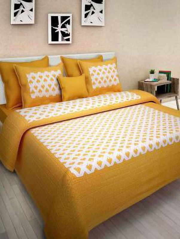 Harsiddhi Enterprises 200 TC Cotton King Jaipuri Prints Flat Bedsheet  (Pack of 1, Yellow)