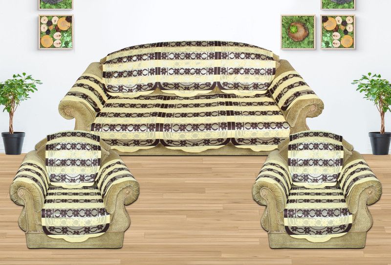 Sawan Polyester Floral Sofa Cover  (5 Seater Polyester Brown Net Fabric Sofa Cover with 6 Pieces Arms Covers Pack of 16 Pack of 16)
