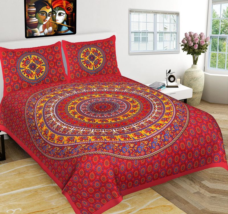 RAJDEVI JAIPUR PRINTS 151 TC Cotton Queen Printed Flat Bedsheet  (Pack of 1, Red)