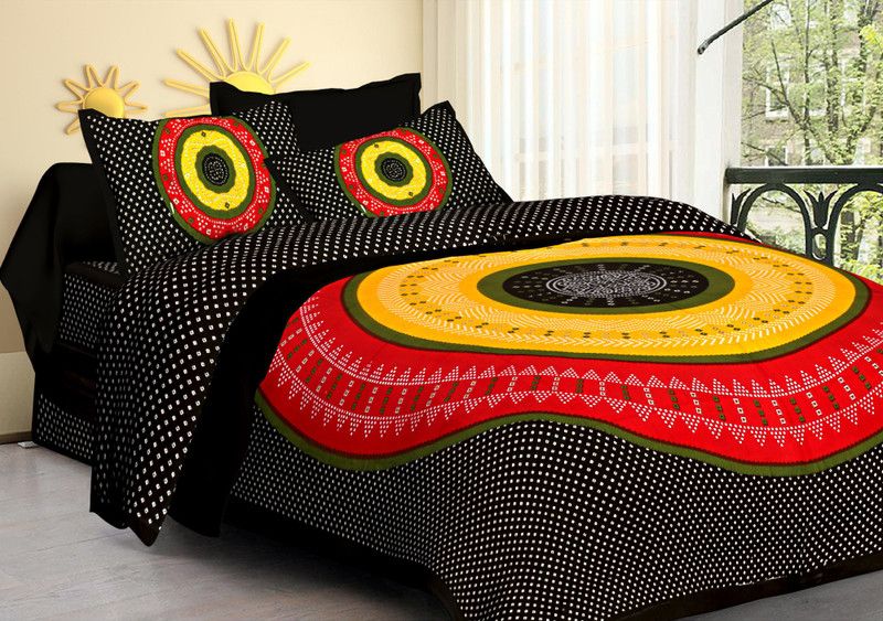 double cotton bed sheet 144 TC Cotton Double Printed Flat Bedsheet  (Pack of 1, Black)