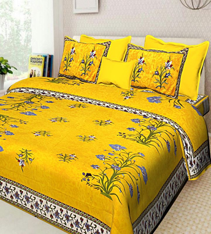 Raj Devi Jaipur 228 TC Cotton King Printed Flat Bedsheet  (Pack of 1, Yellow)