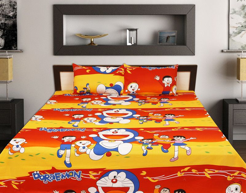 Rajasthani Print 120 TC Cotton Double Cartoon Flat Bedsheet  (Pack of 1, Yellow)