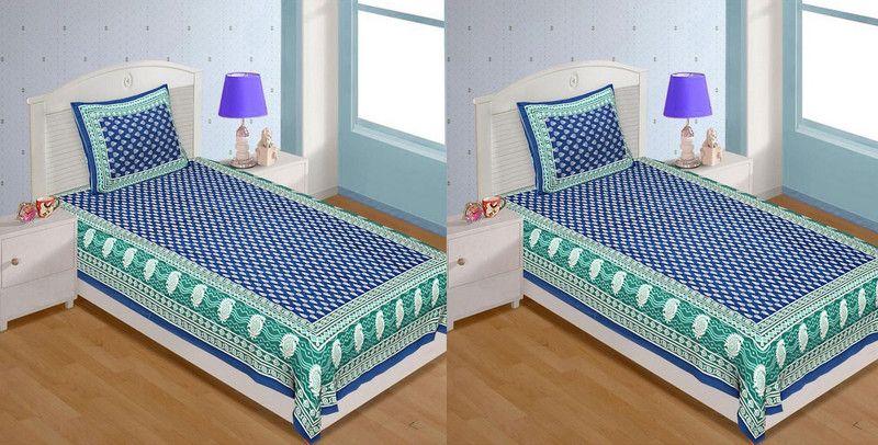 TANIKA - Belives in best quality 152 TC Cotton Single Printed Flat Bedsheet  (Pack of 2, Blue)