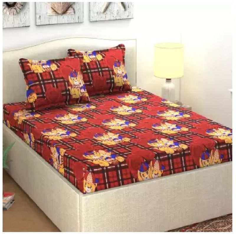 BALKO FAB 140 TC Polycotton Double Printed Flat Bedsheet  (Pack of 1, Red)