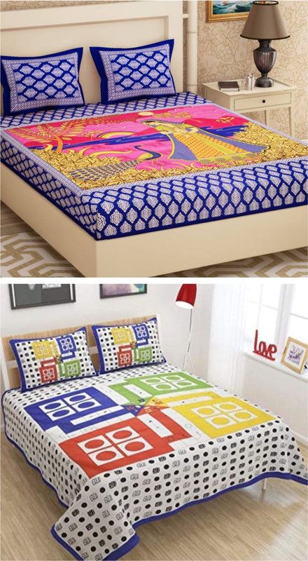 Majestic Women 144 TC Cotton Double Jaipuri Prints Flat Bedsheet  (Pack of 2, Multicolor)