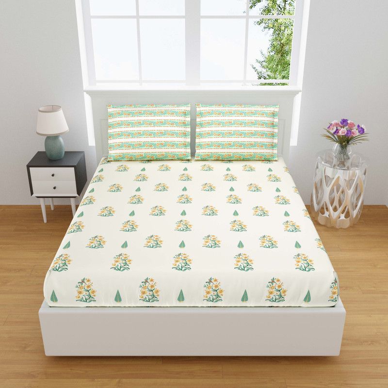 Namyho 250 TC Cotton Double, King Floral Flat Bedsheet  (Pack of 1, Cream, Yellow)