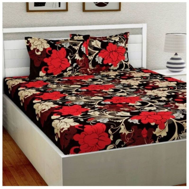 Homestar 120 TC Microfiber Double 3D Printed Flat Bedsheet  (Pack of 1, Black, Red)