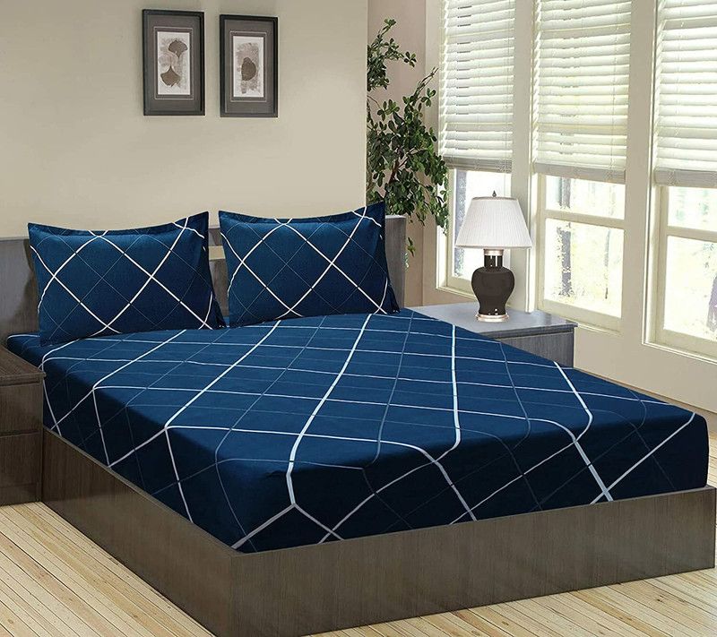 Skytex 150 TC Cotton King Checkered Fitted (Elastic) Bedsheet  (Pack of 1, Navy Blue)