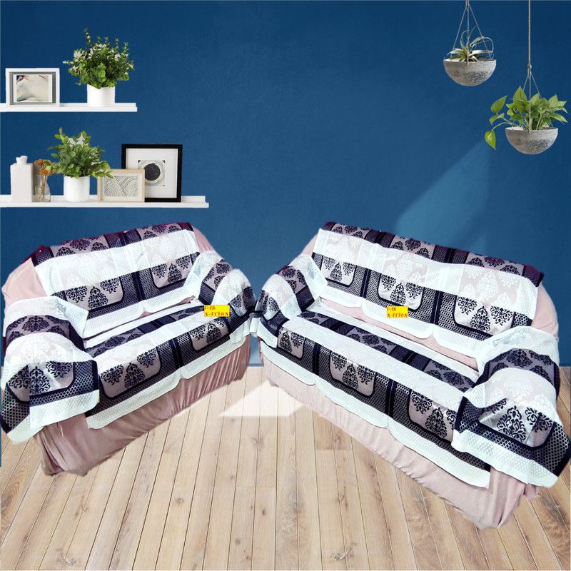 FAB NATION Polyester, Polycotton, Cotton Floral, Abstract, Checkered, Damask Sofa Cover  (Solid Black, Pristine White Pack of 14)