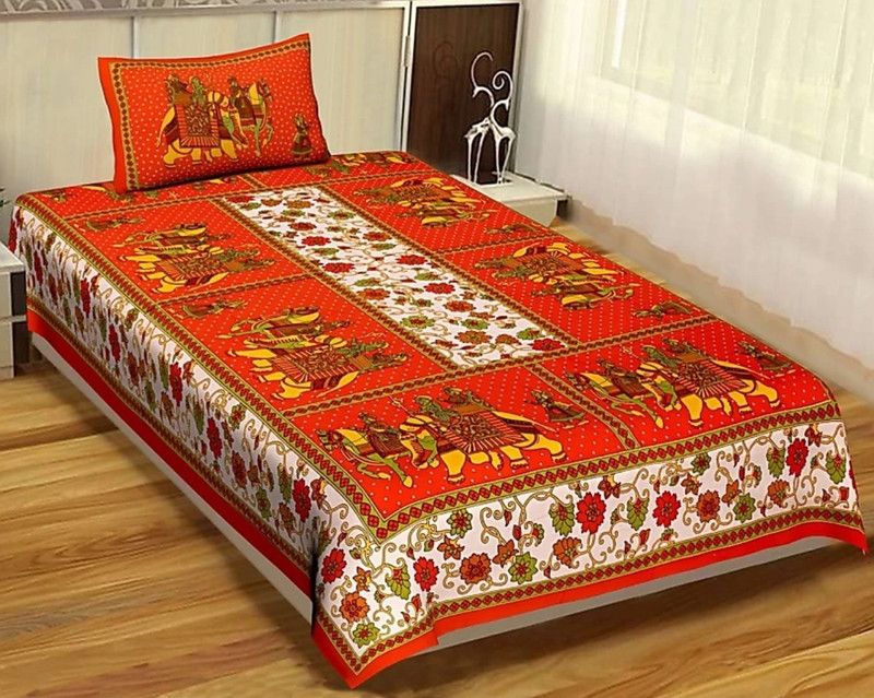 Dada Prints 160 TC Cotton Single Jaipuri Prints Flat Bedsheet  (Pack of 1, Orange)