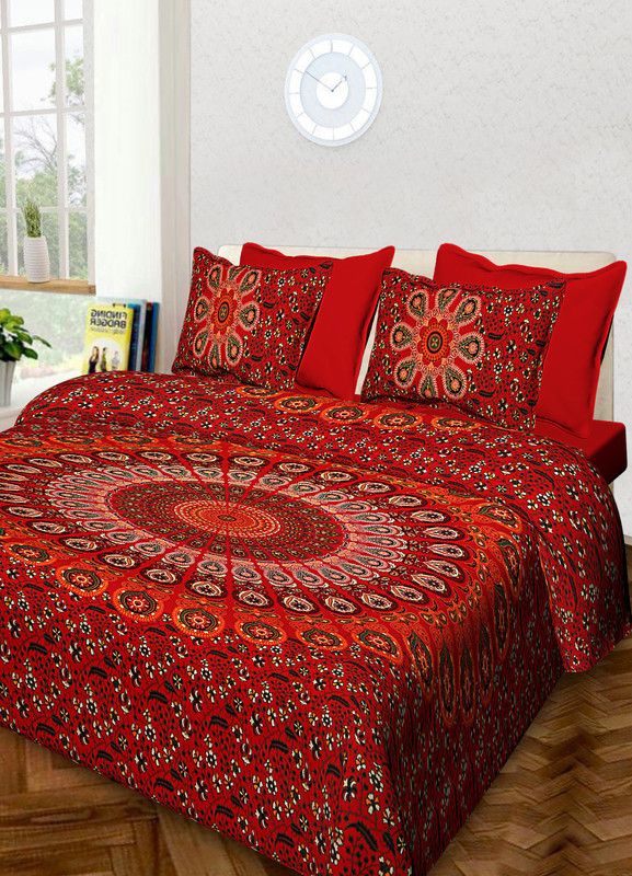 Welldeal 120 TC Cotton King Printed Flat Bedsheet  (Pack of 1, Red)