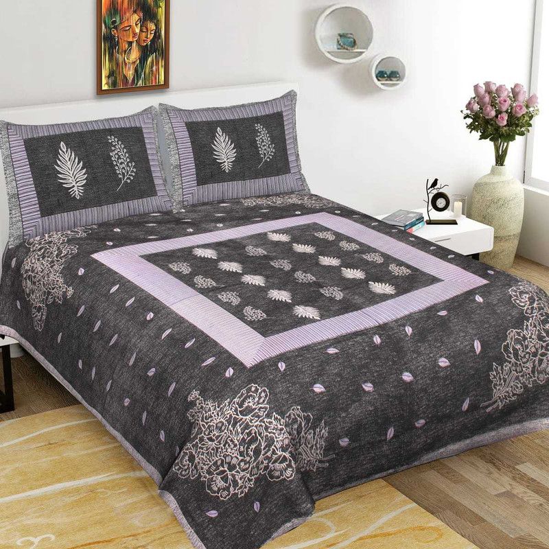 IkBedsheets 143 TC Cotton Queen Floral Flat Bedsheet  (Pack of 1, Black)