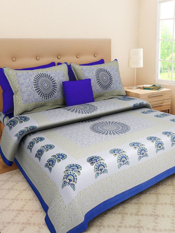 FrionKandy 200 TC Cotton Double Self Design Flat Bedsheet  (Pack of 3, Blue)