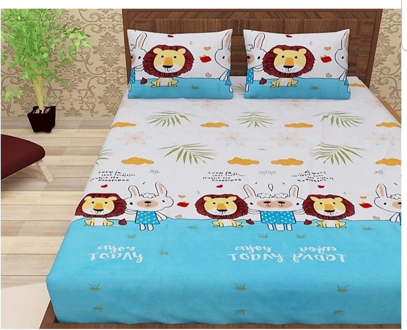 PBV GROUP 185 TC Microfiber Double Cartoon Flat Bedsheet  (Pack of 1, Blue)