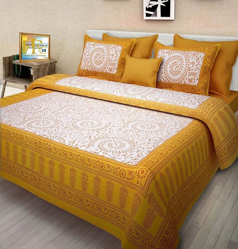 Rajasthani Jaipuri Traditional Print 150 TC Cotton Double, Queen Printed Flat Bedsheet  (Pack of 1, Yellow, White)