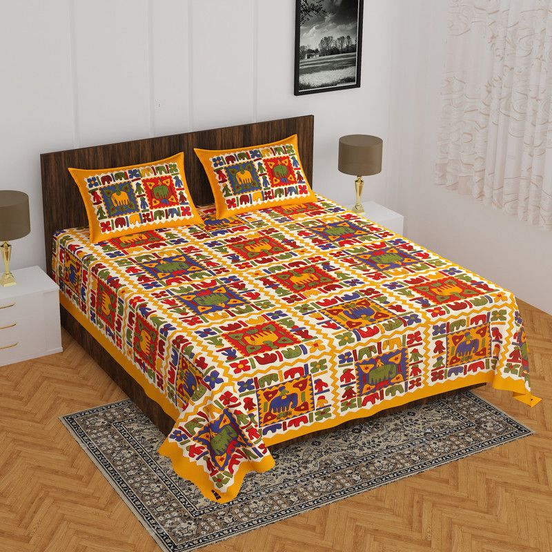 Indian Royal Fashion 144 TC Cotton Double Printed Flat Bedsheet  (Pack of 1, Yellow)