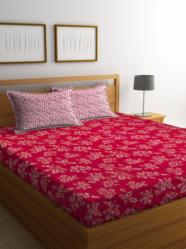 STELLAR HOME 120 TC Cotton Queen Floral Flat Bedsheet  (Pack of 1, Red)
