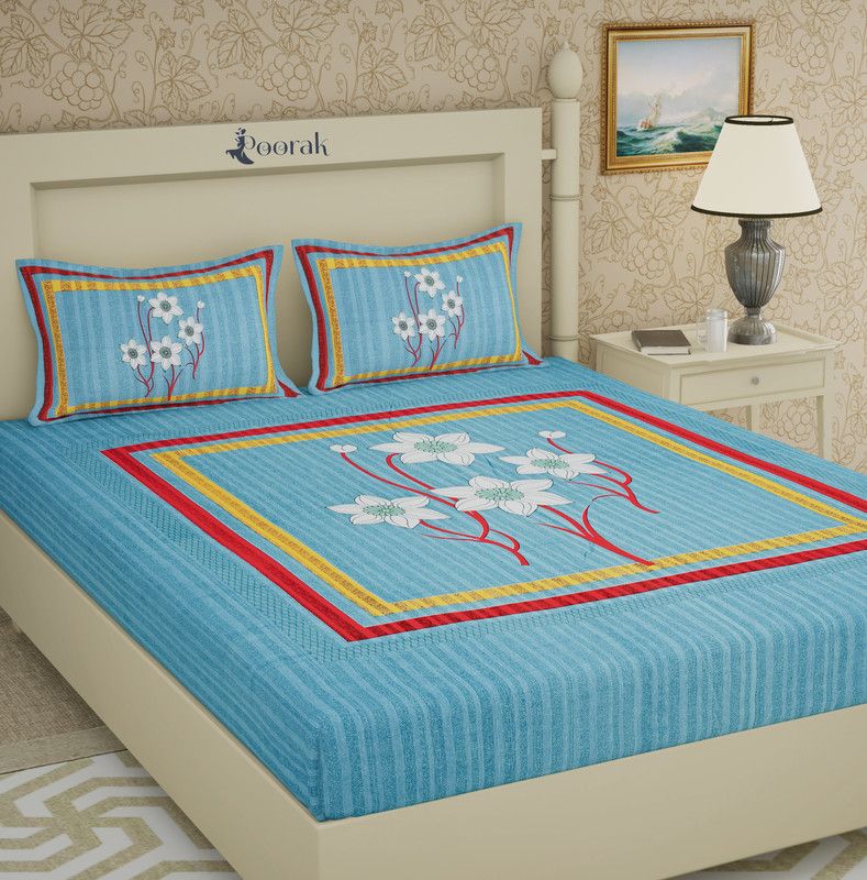 Poorak 144 TC Cotton King Printed Flat Bedsheet  (Pack of 1, 4flower Blue)
